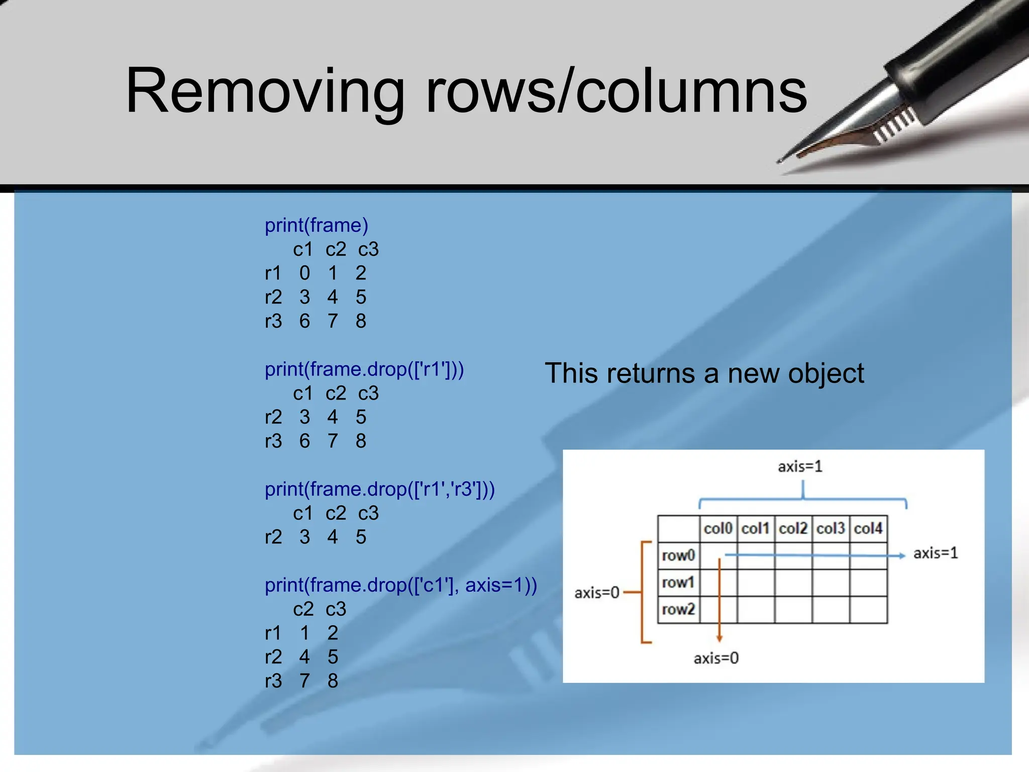 Removing rows/columns
print(frame)
c1 c2 c3
r1 0 1 2
r2 3 4 5
r3 6 7 8
print(frame.drop(['r1']))
c1 c2 c3
r2 3 4 5
r3 6 7 8
print(frame.drop(['r1','r3']))
c1 c2 c3
r2 3 4 5
print(frame.drop(['c1'], axis=1))
c2 c3
r1 1 2
r2 4 5
r3 7 8
This returns a new object
 
