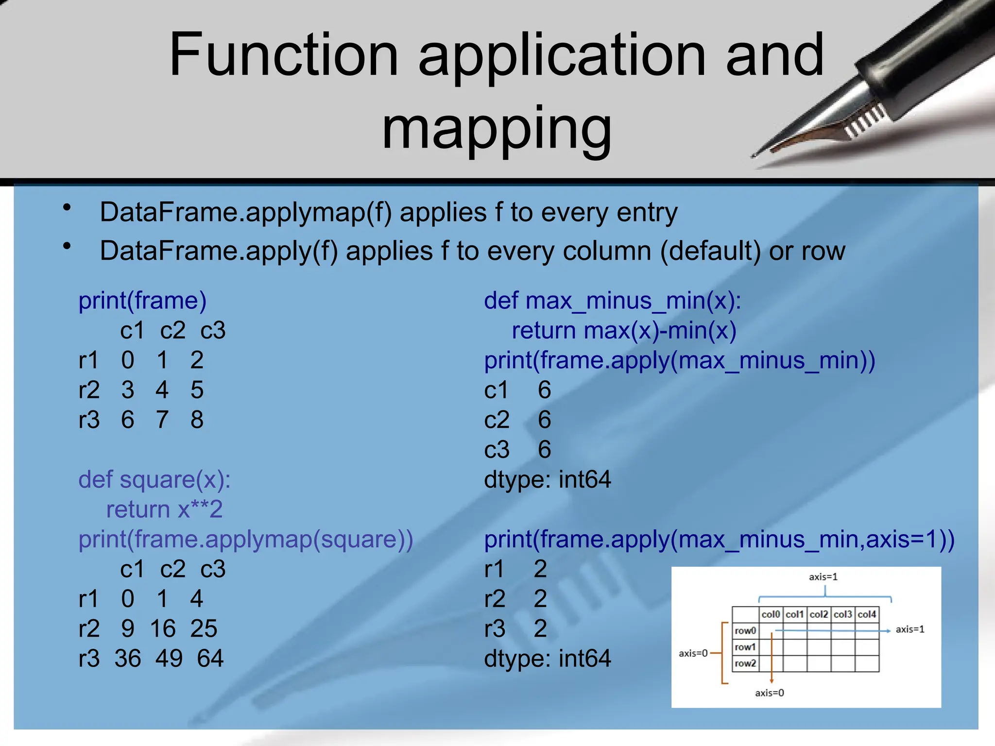 Function application and
mapping
• DataFrame.applymap(f) applies f to every entry
• DataFrame.apply(f) applies f to every column (default) or row
def max_minus_min(x):
return max(x)-min(x)
print(frame.apply(max_minus_min))
c1 6
c2 6
c3 6
dtype: int64
print(frame.apply(max_minus_min,axis=1))
r1 2
r2 2
r3 2
dtype: int64
print(frame)
c1 c2 c3
r1 0 1 2
r2 3 4 5
r3 6 7 8
def square(x):
return x**2
print(frame.applymap(square))
c1 c2 c3
r1 0 1 4
r2 9 16 25
r3 36 49 64
 