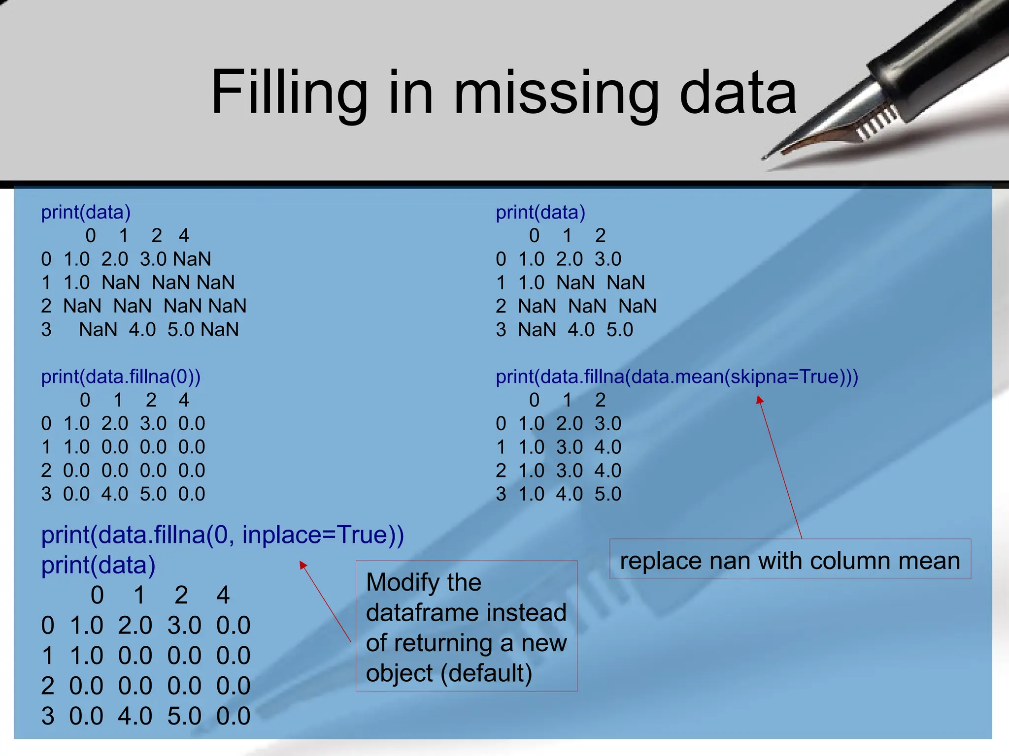 Filling in missing data
print(data)
0 1 2 4
0 1.0 2.0 3.0 NaN
1 1.0 NaN NaN NaN
2 NaN NaN NaN NaN
3 NaN 4.0 5.0 NaN
print(data.fillna(0))
0 1 2 4
0 1.0 2.0 3.0 0.0
1 1.0 0.0 0.0 0.0
2 0.0 0.0 0.0 0.0
3 0.0 4.0 5.0 0.0
print(data.fillna(0, inplace=True))
print(data)
0 1 2 4
0 1.0 2.0 3.0 0.0
1 1.0 0.0 0.0 0.0
2 0.0 0.0 0.0 0.0
3 0.0 4.0 5.0 0.0
print(data)
0 1 2
0 1.0 2.0 3.0
1 1.0 NaN NaN
2 NaN NaN NaN
3 NaN 4.0 5.0
print(data.fillna(data.mean(skipna=True)))
0 1 2
0 1.0 2.0 3.0
1 1.0 3.0 4.0
2 1.0 3.0 4.0
3 1.0 4.0 5.0
Modify the
dataframe instead
of returning a new
object (default)
replace nan with column mean
 