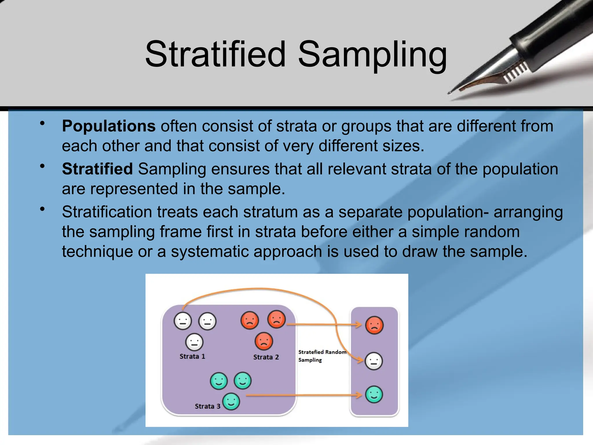 • Populations often consist of strata or groups that are different from
each other and that consist of very different sizes.
• Stratified Sampling ensures that all relevant strata of the population
are represented in the sample.
• Stratification treats each stratum as a separate population- arranging
the sampling frame first in strata before either a simple random
technique or a systematic approach is used to draw the sample.
Stratified Sampling
 