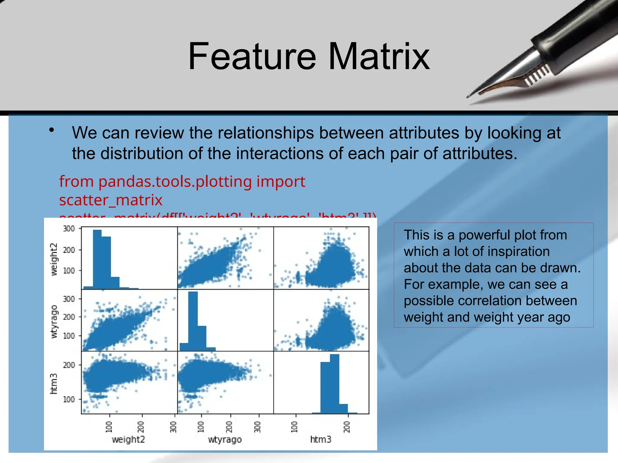 Feature Matrix
• We can review the relationships between attributes by looking at
the distribution of the interactions of each pair of attributes.
from pandas.tools.plotting import
scatter_matrix
scatter_matrix(df[['weight2', 'wtyrago', 'htm3' ]])
This is a powerful plot from
which a lot of inspiration
about the data can be drawn.
For example, we can see a
possible correlation between
weight and weight year ago
 