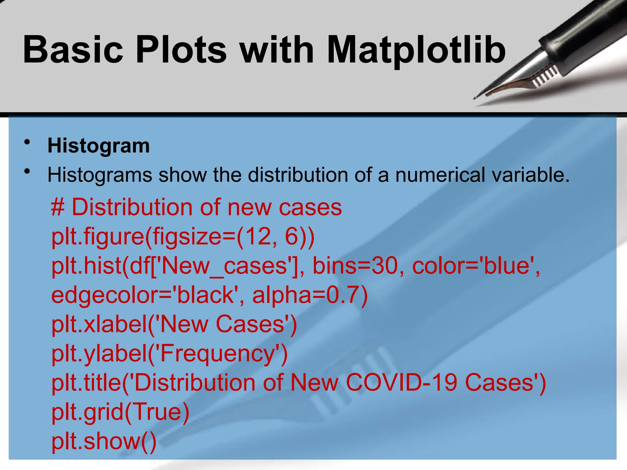 Basic Plots with Matplotlib
• Histogram
• Histograms show the distribution of a numerical variable.
# Distribution of new cases
plt.figure(figsize=(12, 6))
plt.hist(df['New_cases'], bins=30, color='blue',
edgecolor='black', alpha=0.7)
plt.xlabel('New Cases')
plt.ylabel('Frequency')
plt.title('Distribution of New COVID-19 Cases')
plt.grid(True)
plt.show()
 