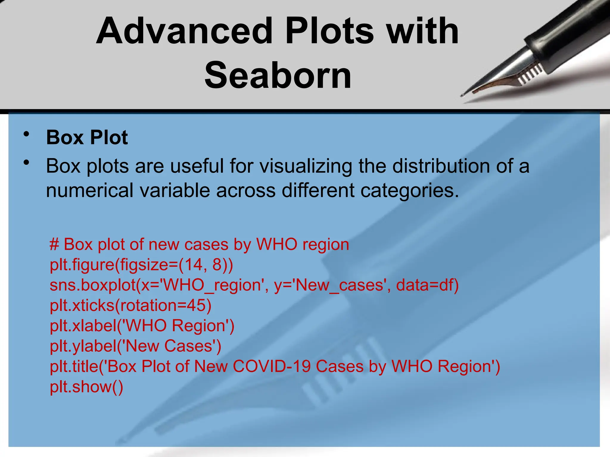 Advanced Plots with
Seaborn
• Box Plot
• Box plots are useful for visualizing the distribution of a
numerical variable across different categories.
# Box plot of new cases by WHO region
plt.figure(figsize=(14, 8))
sns.boxplot(x='WHO_region', y='New_cases', data=df)
plt.xticks(rotation=45)
plt.xlabel('WHO Region')
plt.ylabel('New Cases')
plt.title('Box Plot of New COVID-19 Cases by WHO Region')
plt.show()
 