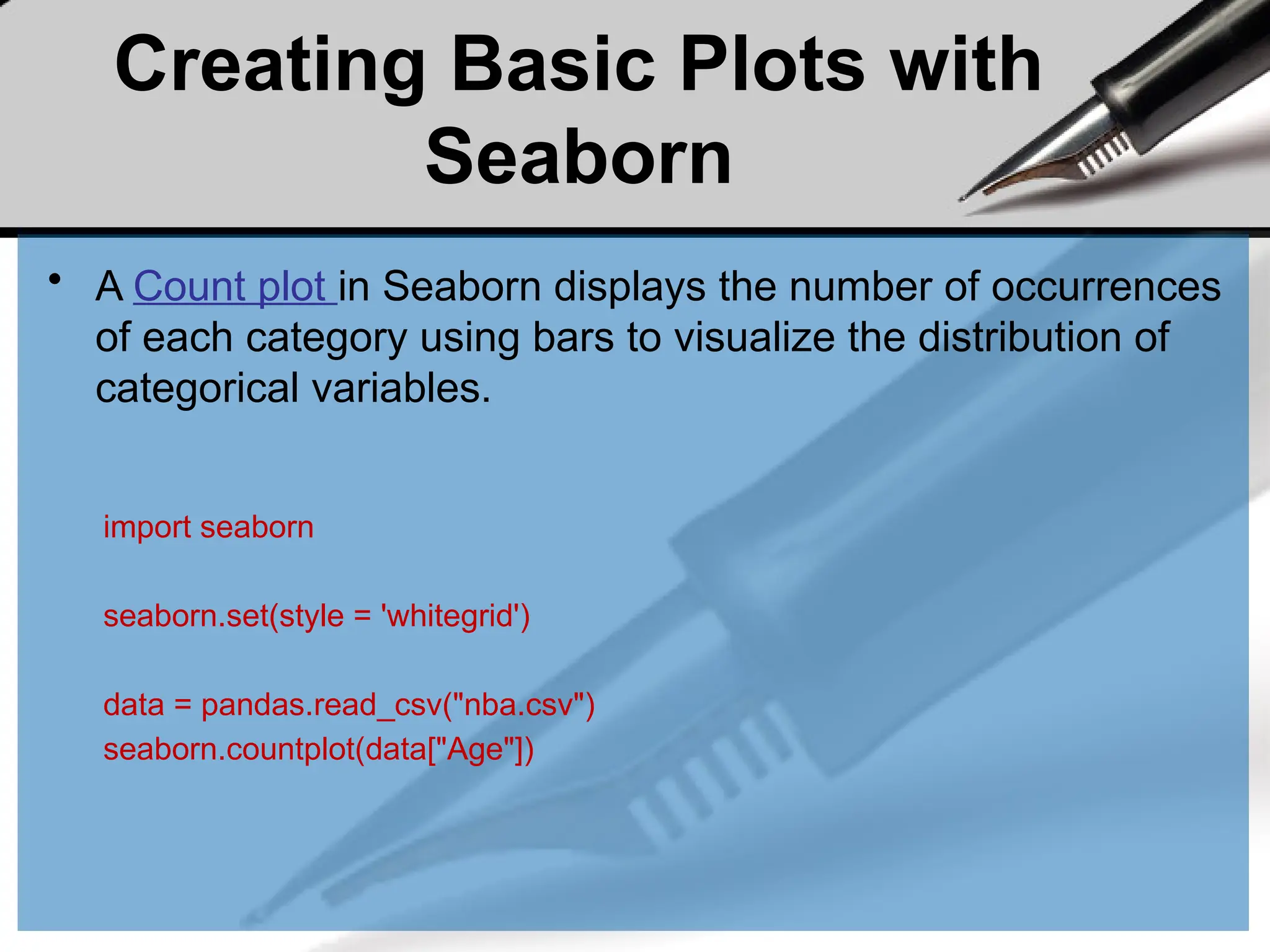 Creating Basic Plots with
Seaborn
• A Count plot in Seaborn displays the number of occurrences
of each category using bars to visualize the distribution of
categorical variables.
import seaborn
seaborn.set(style = 'whitegrid')
data = pandas.read_csv("nba.csv")
seaborn.countplot(data["Age"])
 