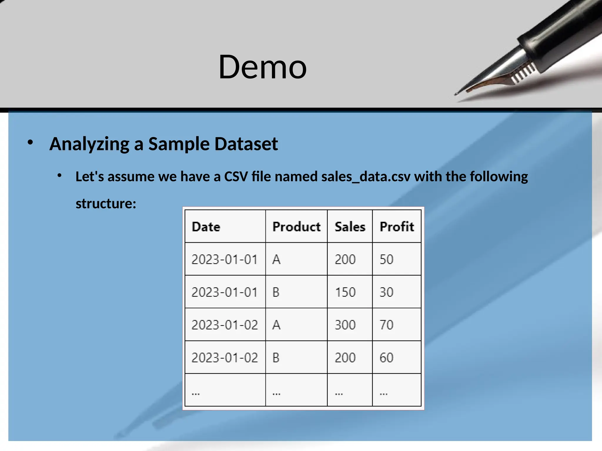 Demo
• Analyzing a Sample Dataset
• Let's assume we have a CSV file named sales_data.csv with the following
structure:
 