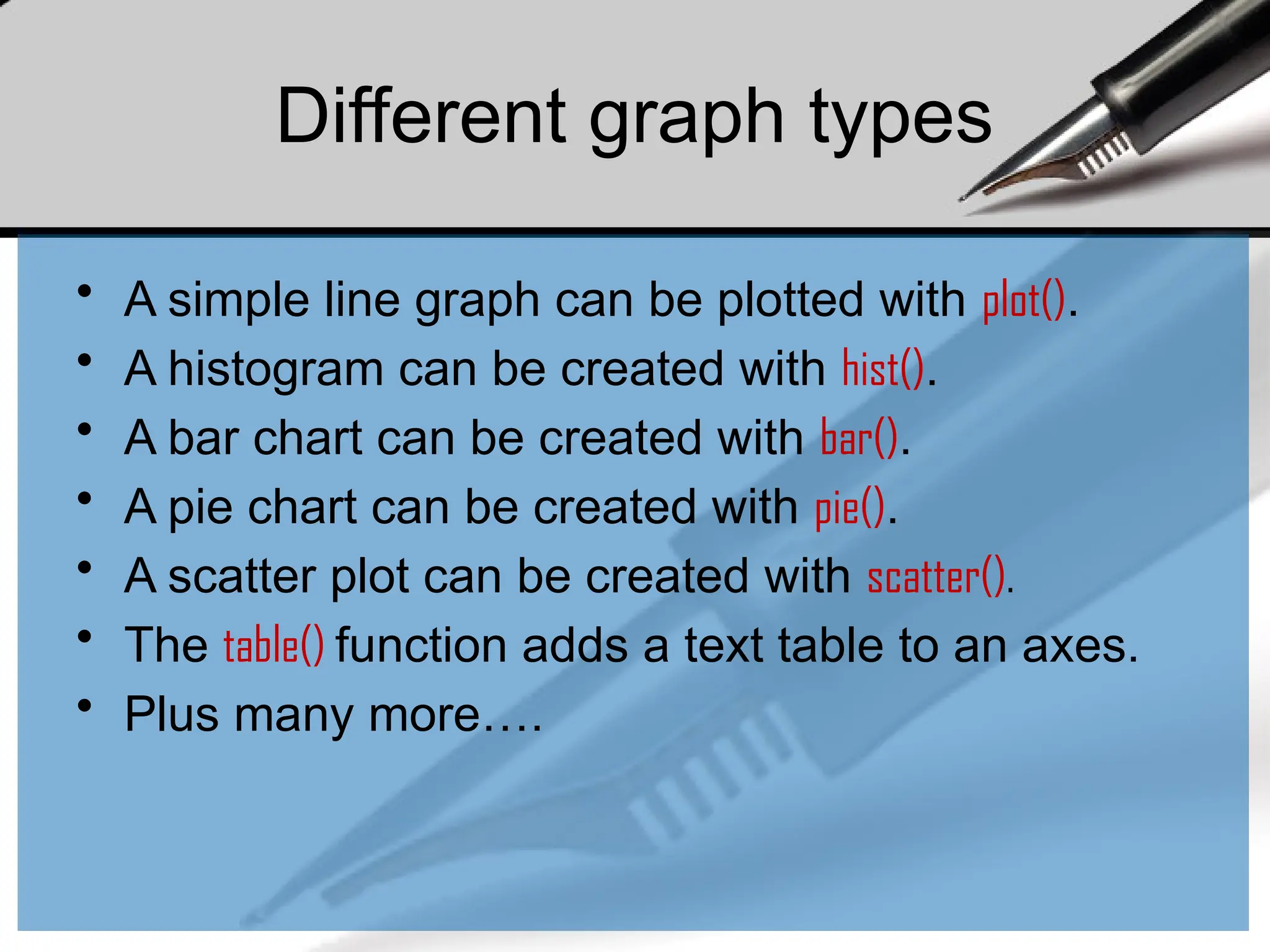 Different graph types
• A simple line graph can be plotted with plot().
• A histogram can be created with hist().
• A bar chart can be created with bar().
• A pie chart can be created with pie().
• A scatter plot can be created with scatter().
• The table() function adds a text table to an axes.
• Plus many more….
 