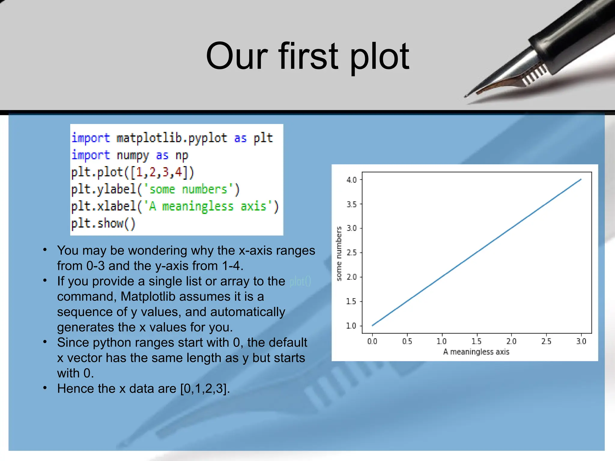 Our first plot
• You may be wondering why the x-axis ranges
from 0-3 and the y-axis from 1-4.
• If you provide a single list or array to the plot()
command, Matplotlib assumes it is a
sequence of y values, and automatically
generates the x values for you.
• Since python ranges start with 0, the default
x vector has the same length as y but starts
with 0.
• Hence the x data are [0,1,2,3].
 