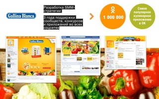 Case studies / Walt Disney
Разработка SMM-
стратегии

3 года поддержки
сообществ, конкурсов
и приложений во всех
соцсетях
1 000 000
Cамое
популярное
кулинарное
приложение
в ОК
 