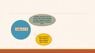 Amados, amemos uns aos
outros, pois o amor procede
de Deus. Aquele que ama é
nascido de Deus e conhece a
Deus.
Quem não ama
não conhece a
Deus, porque
Deus é amor.
1 João, 4, 7 - 8
 