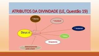 ATRIBUTOS DA DIVINDADE (LE, Questão 19)
* Eterno
* Imutável
* Imaterial
* Único
* Onipotente
* Soberanamente
justo e bom
Deus é:
 