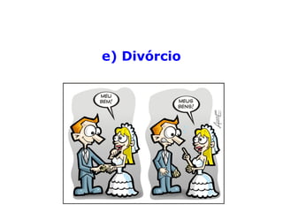 Provacionais: São uniões entre almas mutuamen-
te comprometidas, que estão juntas para pacifica-
rem as consciências ante erros graves perpetrados
no passado e simultaneamente desenvolverem os
valores da paciência, da tolerância e da resignação.
São os mais comuns.
Sacrificiais: São aqueles que se caracterizam por
uma grande diferença evolutiva entre os cônjuges.
Um Espírito de mais alta envergadura que aceita o
consórcio com outro menos adiantado para ajudá-lo
em seu progresso espiritual.
Acidentais: São os casamentos que não foram pro
gramados no mundo espiritual. Obedecem apenas à
afeição física, sem raízes na afetividade sincera.
(IDE, Curso Básico de Espiritismo)
 