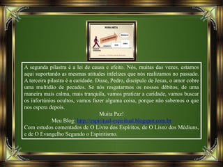 A segunda pilastra é a lei de causa e efeito. Nós, muitas das vezes, estamos
aqui suportando as mesmas atitudes infelizes que nós realizamos no passado.
A terceira pilastra é a caridade. Disse, Pedro, discípulo de Jesus, o amor cobre
uma multidão de pecados. Se nós resgatarmos os nossos débitos, de uma
maneira mais calma, mais tranquila, vamos praticar a caridade, vamos buscar
os infortúnios ocultos, vamos fazer alguma coisa, porque não sabemos o que
nos espera depois.
Muita Paz!
Meu Blog: http://espiritual-espiritual.blogspot.com.br
Com estudos comentados de O Livro dos Espíritos, de O Livro dos Médiuns,
e de O Evangelho Segundo o Espiritismo.
 