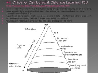    Lower levels of the cone involve the student as a participant and encourage active learning.
   Lower levels include more stimuli and are richer with regard to natural feedback - the
    consequences of an action.
   Higher levels compress information and provide more data faster for those able to process it.
   Pictures are remembered (recalled) better than verbal propositions.
   Pictures aid in recalling information that has been associated with them
   Upper levels of the cone need more instructional support than lower levels.
 