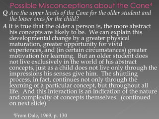 Q Are the upper levels of the Cone for the older student and
  the lower ones for the child?
A It is true that the older a person is, the more abstract
  his concepts are likely to be. We can explain this
  developmental change by a greater physical
  maturation, greater opportunity for vivid
  experiences, and (in certain circumstances) greater
  motivation for learning. But an older student does
  not live exclusively in the world of his abstract
  concepts, just as a child does not live only through the
  impressions his senses give him. The shuttling
  process, in fact, continues not only through the
  learning of a particular concept, but throughout all
  life. And this interaction is an indication of the nature
  and complexity of concepts themselves. (continued
  on next slide)
    4
        From Dale, 1969, p. 130
 