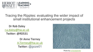 Tracing the Ripples: evaluating the wider impact of
small institutional enhancement projects
Dr Rob Daley
r.a.daley@hw.ac.uk
Twitter: @RD531
Photo by Jo Szczepanska
Dr Anne Tierney
A.Tierney@hw.ac.uk
Twitter: @goze01
 