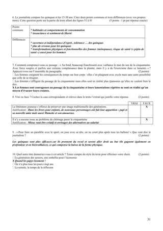 6. Le journaliste compare les quinquas et les 15-30 ans. Citez deux points communs et trois différences (avec vos propres
mots). Cette question porte sur la partie du texte allant des lignes 51 à 81            (5 points : 1 pt par réponse exacte)

Points
communs          * habitudes et comportements de consommation
                 * insouciance et sentiment de liberté

Différences
                 * ouverture et indépendance d’esprit , tolérance … des quinquas
                 * plus de revenus pour les quinquas
                 * transformations physiques et fonctionnelles des femmes (ménopause), risque de santé (« pépin de
                 santé ») aussi pour les hommes



7. Comment comprenez-vous ce passage : « Au fond, beaucoup franchissent avec vaillance le mur du son de la cinquantaine.
Avec force soupirs et parfois une certaine complaisance dans la plainte, mais il y a de l'exorcisme dans ce lamento. » ?
Appuyez-vous sur l’ensemble du paragraphe.                                                                        (2 points)
  Les femmes craignent les conséquences du temps sur leur corps : elles s’en plaignent avec excès mais sans autre possibilité
que celle de se résigner.
   Les femmes s’affligent du passage de la cinquantaine mais elles sont en réalité plus épanouies qu’elles ne veulent bien le
dire.
X Les femmes sont courageuses au passage de la cinquantaine et leurs lamentations répétées ne sont en réalité qu’un
moyen d’évacuer leurs craintes.

8. Vrai ou faux ? Cochez la case correspondante et relevez dans le texte l’extrait qui justifie votre réponse.          (2 points)

                                                                                                                 VRAI       FAUX
La littérature jeunesse s’efforce de préserver une image traditionnelle des générations.                                      X
Justification : Dans les livres pour enfants, de nouveaux personnages ont fait leur apparition : papi et
sa nouvelle amie mais aussi Mamette et son amoureux.

Il n’y a aucune issue au problème du chômage passé la cinquantaine                                                            X
Justification : Mieux vaut être créatif et envisager des alternatives au salariat


9 . « Pour faire un parallèle avec le sport, on joue avec sa tête, on ne court plus après tous les ballons! » Que veut dire le
journaliste ?                                                                                                     (2 points)

Les quinquas sont plus efficaces car ils prennent du recul et savent aller droit au but (ils gagnent également en
profondeur et en bienveillance), ce qui compense la baisse de la forme physique.


10. Quel autre titre donneriez-vous à cet article ? Tenez compte du style du texte pour effectuer votre choix.          (2 points)
  La génération des seniors, une embellie pour l’économie
X Quand les papys booment !
  On n’a plus tous les jours vingt ans
  La retraite, le temps de la réflexion




                                                                                                                                31
 