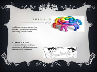 EXPRESION EMOSIONALmedio para interactuar con los demás, y por el que transmitenfracasos y satisfacciones.COOPERACION:la comunicación se constituye como una ayuda importante enla solución de problemas