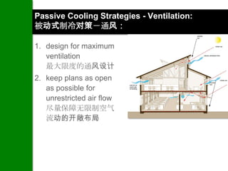 Passive Cooling Strategies - Ventilation:
被动式制冷对策－通风：

1. design for maximum
   ventilation
   最大限度的通风设计
2. keep plans as open
   as possible for
   unrestricted air flow
   尽量保障无限制空气
   流动的开敞布局
 