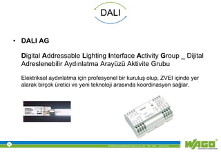 © WAGO Kontakttechnik GmbH & Co. KG PM - M.M. 23.01.2013 5
DALI
• DALI AG
Digital Addressable Lighting Interface Activity Group _ Dijital
Adreslenebilir Aydınlatma Arayüzü Aktivite Grubu
Elektriksel aydınlatma için profesyonel bir kuruluş olup, ZVEI içinde yer
alarak birçok üretici ve yeni teknoloji arasında koordinasyon sağlar.
 