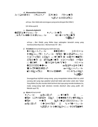 d. Mumastalatulil khawadist


artinya: Dan tidakada seorangpun yangsama dengan Dia ( Allah )
(Al-Ikhlasayat4)
e. Qiyamuhubighairih
….
…
.
artinya ; Dan Dialah yang Maha kaya sedangkan kamulah orang yang
membutuhkanNya (Q.S. Muhammad /47 : 38 )
f. Ta’addud artinyaberbilangataulebihdari satu









Sesungguhnya kafirlah orang-orang yang mengatakan bahwa Allah itu salah
seorang dari yang tiga padahal sekali-kali tidak ada tuhan selain dan Tuhan
Yang Maha Esa jika mereka tidak berhenti dari apa yang mereka katakana itu,
maka orang-orang kafir diantara mereka disentuh siksa yang pedih. (Al-
Maidah ayat 73)
g. AjzunartinyaLemah
….




 