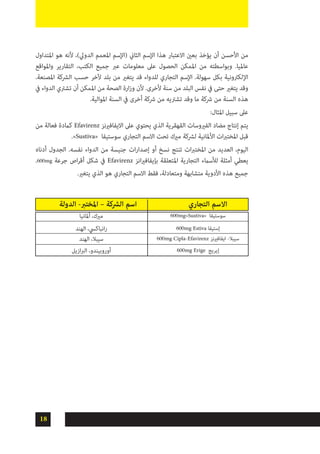 18
‫املتداول‬ ‫هو‬ ‫ألنه‬ ،)‫الدويل‬ ‫املعمم‬ ‫(اإلسم‬ ‫الثاين‬ ‫اإلسم‬ ‫هذا‬ ‫االعتبار‬ ‫بعني‬ ‫يؤخذ‬ ‫أن‬ ‫األحسن‬ ‫من‬
‫واملواقع‬ ‫التقارير‬ ،‫الكتب‬ ‫جميع‬ ‫عرب‬ ‫معلومات‬ ‫عىل‬ ‫الحصول‬ ‫املمكن‬ ‫من‬ ‫وبواسطته‬ .‫عامليا‬
.‫املصنعة‬ ‫الرشكة‬ ‫حسب‬ ‫آلخر‬ ‫بلد‬ ‫من‬ ‫يتغري‬ ‫قد‬ ‫للدواء‬ ‫التجاري‬ ‫اإلسم‬ .‫سهولة‬ ‫بكل‬ ‫اإللكرتونية‬
‫يف‬ ‫الدواء‬ ‫تشرتي‬ ‫أن‬ ‫املمكن‬ ‫من‬ ‫الصحة‬ ‫ارة‬‫ز‬‫و‬ ‫ألن‬ .‫ألخرى‬ ‫سنة‬ ‫من‬ ‫البلد‬ ‫نفس‬ ‫يف‬ ‫حتى‬ ‫يتغري‬ ‫وقد‬
.‫املوالية‬ ‫السنة‬ ‫يف‬ ‫أخرى‬ ‫رشكة‬ ‫من‬ ‫تشرتيه‬ ‫وقد‬ ‫ما‬ ‫رشكة‬ ‫من‬ ‫السنة‬ ‫هذه‬
:‫املثال‬ ‫سبيل‬ ‫عىل‬
‫من‬ ‫فعالة‬ ‫كامدة‬ Efavirenz ‫االيفافرينز‬ ‫عىل‬ ‫يحتوي‬ ‫الذي‬ ‫القهقرية‬ ‫الفريوسات‬ ‫مضاد‬ ‫إنتاج‬ ‫يتم‬
.»Sustiva« ‫سوستيفا‬ ‫التجاري‬ ‫االسم‬ ‫تحت‬ ‫مريك‬ ‫لرشكة‬ ‫األملانية‬ ‫ات‬‫رب‬‫املخت‬ ‫قبل‬
‫أدناه‬ ‫الجدول‬ .‫نفسه‬ ‫الدواء‬ ‫من‬ ‫جنيسة‬ ‫ات‬‫ر‬‫إصدا‬ ‫أو‬ ‫نسخ‬ ‫تنتج‬ ‫ات‬‫رب‬‫املخت‬ ‫من‬ ‫العديد‬ ،‫اليوم‬
.600mg ‫جرعة‬ ‫اص‬‫ر‬‫أق‬ ‫شكل‬ ‫يف‬ Efavirenz ‫انز‬‫ري‬‫بإيفاف‬ ‫املتعلقة‬ ‫التجارية‬ ‫لألسامء‬ ‫أمثلة‬ ‫يعطي‬
.‫يتغري‬ ‫الذي‬ ‫هو‬ ‫التجاري‬ ‫االسم‬ ‫فقط‬ ،‫ومتعادلة‬ ‫متشابهة‬ ‫األدوية‬ ‫هذه‬ ‫جميع‬
‫الدولة‬ -‫املخترب‬ – ‫الرشكة‬ ‫اسم‬ 		‫التجاري‬ ‫االسم‬
600mg»Sustiva« ‫سوستيفا‬
600mg Estiva ‫إستيفا‬
600mg Cipla-Efavirenz ‫ايفافرينز‬ -‫سيبال‬
600mg Erige ‫إيريج‬
‫أملانيا‬ ،‫مريك‬
‫الهند‬ ،‫انباكيس‬‫ر‬
‫الهند‬ ،‫سيبال‬
‫ازيل‬‫رب‬‫ال‬ ،‫أوروبيندو‬
 