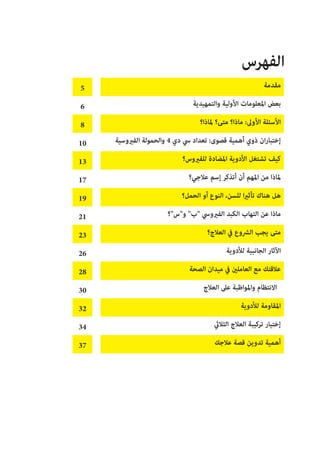 5 ‫مقدمة‬
6 ‫والتمهيدية‬ ‫األولية‬ ‫املعلومات‬ ‫بعض‬
8 ‫ملاذا؟‬ ‫متى؟‬ ‫ماذا؟‬ :‫األوىل‬ ‫األسئلة‬
10 ‫الفريوسية‬ ‫والحمولة‬ 4 ‫دي‬ ‫يس‬ ‫تعداد‬ :‫قصوى‬ ‫أهمية‬ ‫ذوي‬ ‫ان‬‫ر‬‫إختبا‬
13 ‫للفريوس؟‬ ‫املضادة‬ ‫األدوية‬ ‫تشتغل‬ ‫كيف‬
17 ‫عالجي؟‬ ‫إسم‬ ‫أتذكر‬ ‫أن‬ ‫املهم‬ ‫من‬ ‫ملاذا‬
19 ‫الحمل؟‬ ‫أو‬ ‫النوع‬ ،‫للسن‬ ‫ا‬‫ري‬‫تأث‬ ‫هناك‬ ‫هل‬
21 ‫و"س"؟‬ "‫"ب‬ ‫الفريويس‬ ‫الكبد‬ ‫التهاب‬ ‫عن‬ ‫ماذا‬
23 ‫العالج؟‬ ‫يف‬ ‫الرشوع‬ ‫يجب‬ ‫متى‬
26 ‫لألدوية‬ ‫الجانبية‬ ‫اآلثار‬
28 ‫الصحة‬ ‫ميدان‬ ‫يف‬ ‫العاملني‬ ‫مع‬ ‫عالقتك‬
30 ‫العالج‬ ‫عىل‬ ‫واملواظبة‬ ‫االنتظام‬
32 ‫لألدوية‬ ‫املقاومة‬
34 ‫الثاليث‬ ‫العالج‬ ‫تركيبة‬ ‫إختيار‬
37 ‫عالجك‬ ‫قصة‬ ‫تدوين‬ ‫أهمية‬
‫الفهرس‬
 