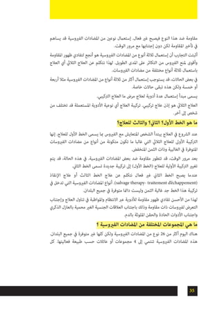 35
‫يساهم‬ ‫قد‬ ‫الفريوسية‬ ‫املضادات‬ ‫من‬ ‫نوعني‬ ‫إستعامل‬ .‫فعال‬ ‫غري‬ ‫فيصبح‬ ‫النوع‬ ‫هذا‬ ‫ضد‬ ‫مقاومة‬
.‫الوقت‬ ‫مرور‬ ‫مع‬ ‫إجتنابها‬ ‫دون‬ ‫لكن‬ ‫املقاومة‬ ‫تأخري‬ ‫يف‬
‫املقاومة‬ ‫ظهور‬ ‫لتفادي‬ ‫أنجع‬ ‫هو‬ ‫الفريوسية‬ ‫املضادات‬ ‫من‬ ‫أنوع‬ ‫ثالثة‬ ‫إستعامل‬ ‫أن‬ ‫التجارب‬ ‫أثبتت‬
‫العالج‬ ‫أي‬ ‫الثاليث‬ ‫العالج‬ ‫عن‬ ‫نتكلم‬ ‫لهذا‬ .‫الطويل‬ ‫املدى‬ ‫عىل‬ ‫التكاثر‬ ‫من‬ ‫الفريوس‬ ‫ملنع‬ ‫وأقوى‬
.‫الفريوسات‬ ‫مضادات‬ ‫من‬ ‫مختلفة‬ ‫أنواع‬ ‫ثالثة‬ ‫باستعامل‬
‫أربعة‬ ‫مثال‬ ‫الفريوسية‬ ‫املضادات‬ ‫من‬ ‫أنواع‬ ‫ثالثة‬ ‫من‬ ‫أكرث‬ ‫إستعامل‬ ‫يستوجب‬ ‫قد‬ ،‫الحاالت‬ ‫بعض‬ ‫يف‬
.‫خاصة‬ ‫حاالت‬ ‫تبقى‬ ‫هذه‬ ‫ولكن‬ ‫خمسة‬ ‫أو‬
.‫الرتكيبي‬ ‫العالج‬ ‫ما‬ ‫مرض‬ ‫لعالج‬ ‫أدوية‬ ‫عدة‬ ‫إستعامل‬ ‫مبدأ‬ ‫يسمى‬
‫من‬ ‫تختلف‬ ‫قد‬ ‫املستعملة‬ ‫األدوية‬ ‫نوعية‬ ‫أي‬ ‫العالج‬ ‫تركيبة‬ .‫تركيبي‬ ‫عالج‬ ‫إذن‬ ‫هو‬ ‫الثاليث‬ ‫العالج‬
.‫آخر‬ ‫إىل‬ ‫شخص‬
‫للعالج؟‬ ‫والثالث‬ ‫الثاين؟‬ ‫األول؟‬ ‫الخط‬ ‫هو‬ ‫ما‬
‫إنها‬ .‫للعالج‬ ‫األول‬ ‫الخط‬ ‫يسمى‬ ‫مبا‬ ‫الفريوس‬ ‫مع‬ ‫املتعايش‬ ‫الشخص‬ ‫يبتدأ‬ ‫العالج‬ ‫يف‬ ‫الرشوع‬ ‫عند‬
‫الفريوسات‬ ‫مضادات‬ ‫من‬ ‫أنواع‬ ‫من‬ ‫متكونة‬ ‫تكون‬ ‫ما‬ ‫غالبا‬ ‫التي‬ ‫الثاليث‬ ‫للعالج‬ ‫األوىل‬ ‫الرتكيبة‬
.‫املنخفض‬ ‫الثمن‬ ‫وذات‬ ‫الغالبية‬ ‫يف‬ ‫املتوفرة‬
‫يتم‬ ‫قد‬ ،‫الحالة‬ ‫هذه‬ ‫يف‬ .‫الفريوسية‬ ‫املضادات‬ ‫بعض‬ ‫ضد‬ ‫مقاومة‬ ‫تتطور‬ ‫قد‬ ،‫الوقت‬ ‫مرور‬ ‫بعد‬
.‫الثاين‬ ‫الخط‬ ‫تسمى‬ ‫جديدة‬ ‫تركيبة‬ ‫إىل‬ )‫األول‬ ‫(الخط‬ ‫للعالج‬ ‫األولية‬ ‫الرتكيبة‬ ‫تغيري‬
‫اإلنقاذ‬ ‫عالج‬ ‫أو‬ ‫الثالث‬ ‫الخط‬ ‫عالج‬ ‫عن‬ ‫نتكلم‬ ‫فعال‬ ‫غري‬ ‫الثاين‬ ‫الخط‬ ‫يصبح‬ ‫عندما‬
‫يف‬ ‫تدخل‬ ‫التي‬ ‫الفريوسية‬ ‫املضادات‬ ‫أنواع‬ .)salvage therapy- traitement d’échappement(
.‫البلدان‬ ‫جميع‬ ‫يف‬ ‫متوفرة‬ ‫دامئا‬ ‫وليست‬ ‫الثمن‬ ‫غالية‬ ‫جد‬ ‫الخط‬ ‫هذا‬ ‫تركيبة‬
‫وإجتناب‬ ‫العالج‬ ‫تناول‬ ‫يف‬ ‫واملواظبة‬ ‫االنتظام‬ ‫عرب‬ ‫لألدوية‬ ‫مقاومة‬ ‫ظهور‬ ‫تفادي‬ ‫األحسن‬ ‫من‬ ‫لهذا‬
‫الذكري‬ ‫بالعازل‬ ‫محمية‬ ‫الغري‬ ‫الجنسية‬ ‫العالقات‬ ‫باجتناب‬ ‫وذلك‬ ‫مقاومة‬ ‫ذات‬ ‫لفريوسات‬ ‫التعرض‬
.‫بالدم‬ ‫امللوثة‬ ‫والحقن‬ ‫الحادة‬ ‫األدوات‬ ‫واجتناب‬
‫؟‬ ‫الفريوسية‬ ‫املضادات‬ ‫من‬ ‫املختلفة‬ ‫املجموعات‬ ‫هي‬ ‫ما‬
.‫البلدان‬ ‫جميع‬ ‫يف‬ ‫متوفرة‬ ‫غري‬ ‫كلها‬ ‫ولكن‬ ‫الفريوسية‬ ‫املضادات‬ ‫من‬ ‫نوع‬ 26 ‫من‬ ‫أكرث‬ ‫اليوم‬ ‫هناك‬
‫كل‬ .‫فعاليتها‬ ‫طبيعة‬ ‫حسب‬ ‫عائالت‬ ‫أو‬ ‫مجموعات‬ 4 ‫إىل‬ ‫تنتمي‬ ‫الفريوسية‬ ‫املضادات‬ ‫هذه‬
 