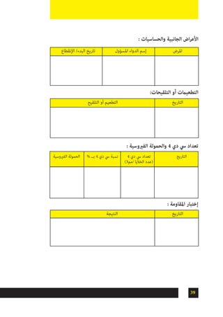 39
: ‫والحساسيات‬ ‫الجانبية‬ ‫اض‬‫ر‬‫األع‬
‫اإلنقطاع‬ /‫البدء‬ ‫تاريخ‬ 	‫املسؤول‬ ‫الدواء‬ ‫إسم‬ 	 ‫املرض‬
‫التلقيح‬ ‫أو‬ ‫التطعيم‬ 			‫التاريخ‬
‫الفريوسية‬ ‫الحمولة‬ % ‫بــ‬ 4 ‫دي‬ ‫يس‬ ‫نسبة‬ 	 4 ‫دي‬ ‫يس‬ ‫تعداد‬ 	‫التاريخ‬
)3‫/مم‬ ‫الخاليا‬ ‫(عدد‬ 		
‫النتيجة‬ 			‫التاريخ‬
:‫التلقيحات‬ ‫أو‬ ‫التطعيامت‬
: ‫الفريوسية‬ ‫والحمولة‬ 4 ‫دي‬ ‫يس‬ ‫تعداد‬
: ‫املقاومة‬ ‫إختبار‬
 