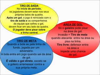 ÁREA DE GOL Só o  goleiro  pode pisar na área de gol.  Invasão =  Tiro de meta   quando atacante  entra na área ou  pisa na linha. Tiro livre:  defensor entra  na área e impede uma chance  de gol. TIRO DE META Quando a bola as pela linha de  fundo, jogada por um  adversário. A bola entra em jogo quando sai da área  de gol. É válido o gol direto , exceto se  o goleiro arremessar contra a  sua própria meta. TIRO DE SAÍDA No  início de período, os jogadores devem estar nos seus  próprios lados de quadra. Após um gol , o jogo é reiniciado com o  tiro de saída e  os companheiros  da equipe que sofreu o gol,  devem ficar em seu lado da quadra.  O jogador deve pisar sobre a linha central. . 