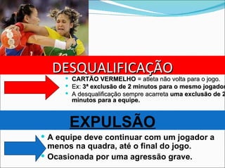 DESQUALIFICAÇÃO CARTÃO VERMELHO  = atleta não volta para o jogo.   Ex:  3ª exclusão de 2 minutos para o mesmo jogador . A desqualificação sempre acarreta  uma exclusão de 2 minutos para a equipe. EXPULSÃO A equipe deve continuar com um jogador a menos na quadra, até o final do jogo. Ocasionada por uma agressão grave. 