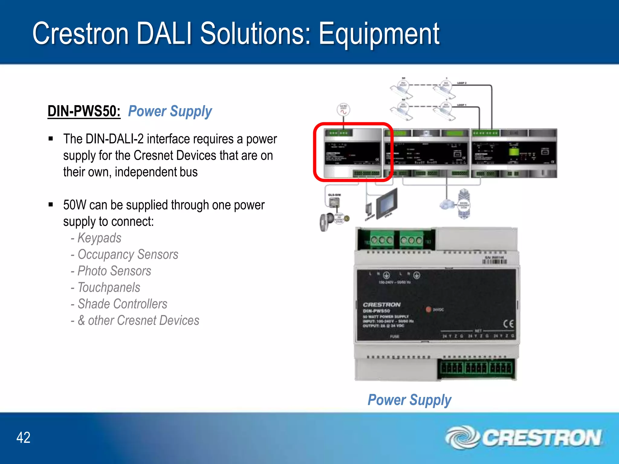Crestron DALI Solutions: Equipment

      DIN-PWS50: Power Supply
       The DIN-DALI-2 interface requires a power
        supply for the Cresnet Devices that are on
        their own, independent bus

       50W can be supplied through one power
        supply to connect:
         - Keypads
         - Occupancy Sensors
         - Photo Sensors
         - Touchpanels
         - Shade Controllers
         - & other Cresnet Devices




                                                     Power Supply

42
 