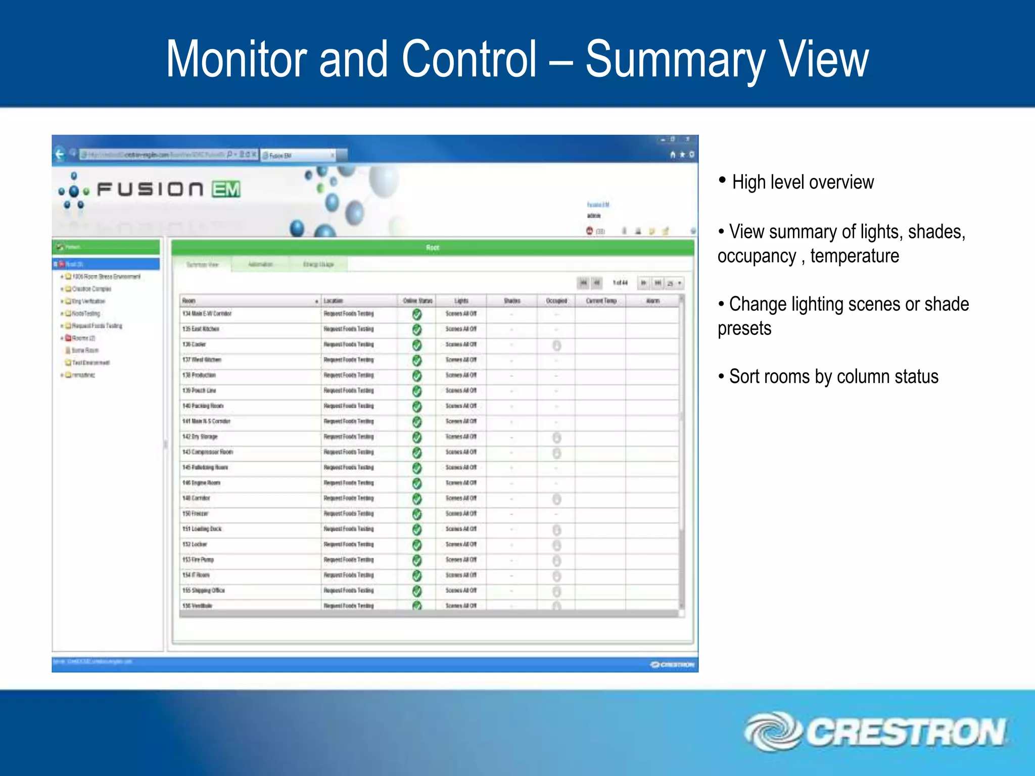 Monitor and Control – Summary View

                          • High level overview
                          • View summary of lights, shades,
                          occupancy , temperature

                          • Change lighting scenes or shade
                          presets

                          • Sort rooms by column status
 