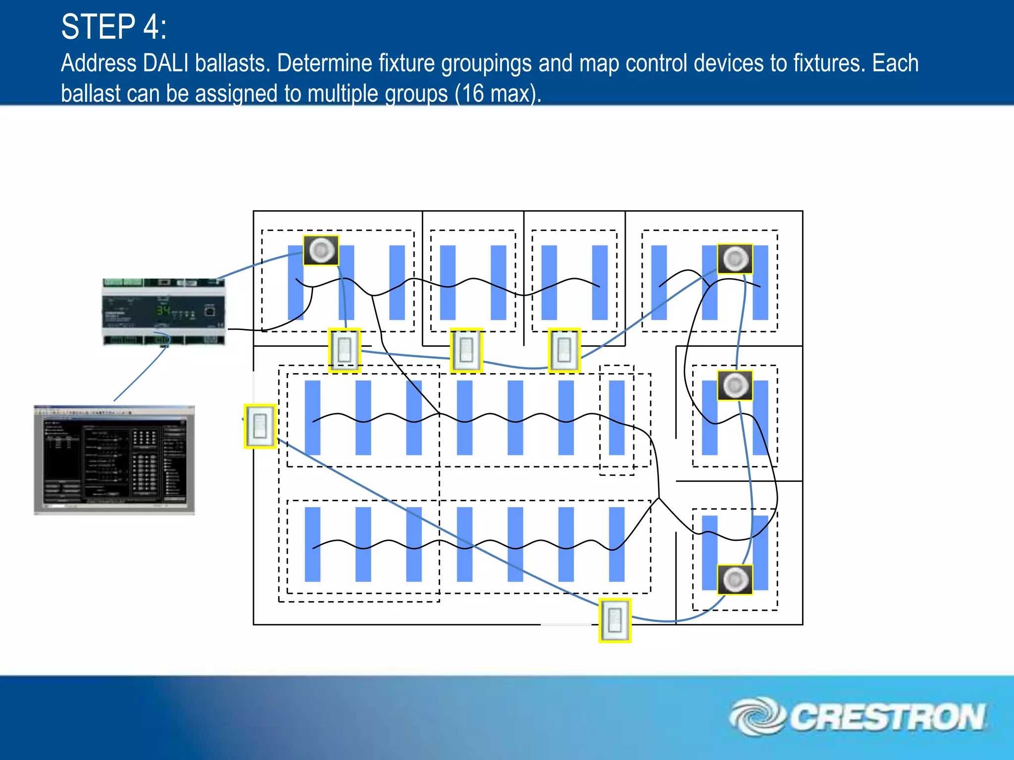 STEP 4:
Address DALI ballasts. Determine fixture groupings and map control devices to fixtures. Each
ballast can be assigned to multiple groups (16 max).
 