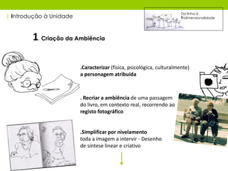 Da linha à
| Introdução à Unidade                                                 Tridimensionalidade




        1. Criação da Ambiência

                         .Caracterizar (física, psicológica, culturalmente)
                         a personagem atribuída



                         . Recriar a ambiência de uma passagem
                         do livro, em contexto real, recorrendo ao
                         registo fotográfico


                         .Simplificar por nivelamento
                         toda a imagem a intervir - Desenho
                         de síntese linear e criativo
 
