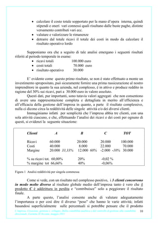 • calcolare il costo totale sopportato per la mano d’opera interna, quindi
                 stipendi e oneri vari connessi quali risultano dalle buste paghe, distinte
                 versamento contributi vari ecc.
               • valutare e valorizzare le rimanenze
               • detrarre dal totale ricavi il totale dei costi in modo da calcolare il
                 risultato operativo lordo

          Supponiamo ora che a seguito di tale analisi emergano i seguenti risultati
riferiti al periodo temporale in esame:
             • ricavi totali            100.000 euro
             • costi totali              70.000 euro
             • risultato operativo       30.000

         E’ evidente come questo primo risultato, se non è stato effettuato a monte un
investimento spropositato, può sicuramente fornire una prima rassicurazione al nostro
imprenditore in quanto la sua azienda, nel complesso, è in attivo e produce reddito in
ragione del 30% sui ricavi, pari a 30.000 euro in valore assoluto.
         Questi dati, pur importanti, sono tutavia valori aggregati che non consentono
di avere una rappresentazione completa e dettagliata in merito all’efficienza e
all’efficacia della gestione dell’impresa in quanto, a parte il risultato complessivo,
nulla ci dicono circa la redditività delle singole attività e/o dei diversi clienti.
         Immaginiamo infatti per semplicità che l’impresa abbia tre clienti, con una
sola attività ciascuno, e che, effettuando l’analisi dei ricavi e dei costi per ognuno di
questi, si evidenzi la seguente situazione:


           Clienti                    A                       B                      C                 TOT

           Ricavi                60.000        20.000     20.000     100.000
           Costi                 40.000         8.000     22.000      70.000
           Margine               20.000 33,33% 12.000 60% -2.000 -10% 30.000

           % su ricavi tot. 60,00%                         20%                    -0,02 %
           % margine tot 66,66%                            40%                    -0,06%

Figura 1 Analisi redditività per singola commessa

        Come si vede, con un risultato nel complesso positivo, i 3 clienti concorrono
in modo molto diverso al risultato globale medio dell’impresa tanto è vero che il
prodotto C è addirittura in perdita e “contribuisce” solo a peggiorare il risultato
finale.
        A parte questo, l’analisi consente anche di valutare adeguatamente
l’importanza o per così dire il diverso “peso” che hanno le varie attività; infatti
basandosi superficialmente sulle percentuali si potrebbe pensare che il prodotto
L’impresa. Creazione, gestione e sviluppo. Dalla contabilità analitica e dal controllo di gestione alla contabilità   10
direzionale. Carmine D’Arconte, maggio 2011
 