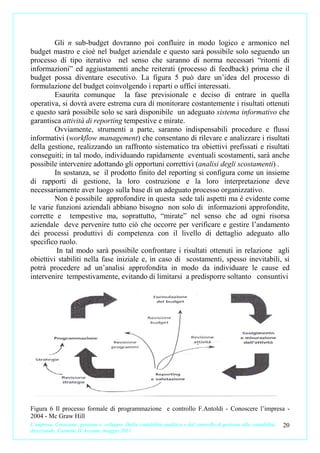 Gli n sub-budget dovranno poi confluire in modo logico e armonico nel
budget mastro e cioè nel budget aziendale e questo sarà possibile solo seguendo un
processo di tipo iterativo nel senso che saranno di norma necessari “ritorni di
informazioni” ed aggiustamenti anche reiterati (processo di feedback) prima che il
budget possa diventare esecutivo. La figura 5 può dare un’idea del processo di
formulazione del budget coinvolgendo i reparti o uffici interessati.
         Esaurita comunque la fase previsionale e deciso di entrare in quella
operativa, si dovrà avere estrema cura di monitorare costantemente i risultati ottenuti
e questo sarà possibile solo se sarà disponibile un adeguato sistema informativo che
garantisca attività di reporting tempestive e mirate.
         Ovviamente, strumenti a parte, saranno indispensabili procedure e flussi
informativi (workflow management) che consentano di rilevare e analizzare i risultati
della gestione, realizzando un raffronto sistematico tra obiettivi prefissati e risultati
conseguiti; in tal modo, individuando rapidamente eventuali scostamenti, sarà anche
possibile intervenire adottando gli opportuni correttivi (analisi degli scostamenti) .
         In sostanza, se il prodotto finito del reporting si configura come un insieme
di rapporti di gestione, la loro costruzione e la loro interpretazione deve
necessariamente aver luogo sulla base di un adeguato processo organizzativo.
         Non è possibile approfondire in questa sede tali aspetti ma è evidente come
le varie funzioni aziendali abbiano bisogno non solo di informazioni approfondite,
corrette e tempestive ma, soprattutto, “mirate” nel senso che ad ogni risorsa
aziendale deve pervenire tutto ciò che occorre per verificare e gestire l’andamento
dei processi produttivi di competenza con il livello di dettaglio adeguato allo
specifico ruolo.
          In tal modo sarà possibile confrontare i risultati ottenuti in relazione agli
obiettivi stabiliti nella fase iniziale e, in caso di scostamenti, spesso inevitabili, si
potrà procedere ad un’analisi approfondita in modo da individuare le cause ed
intervenire tempestivamente, evitando di limitarsi a predisporre soltanto consuntivi




Figura 6 Il processo formale di programmazione e controllo F.Antoldi - Conoscere l’impresa -
2004 - Mc Graw Hill
L’impresa. Creazione, gestione e sviluppo. Dalla contabilità analitica e dal controllo di gestione alla contabilità 20
direzionale. Carmine D’Arconte, maggio 2011
 