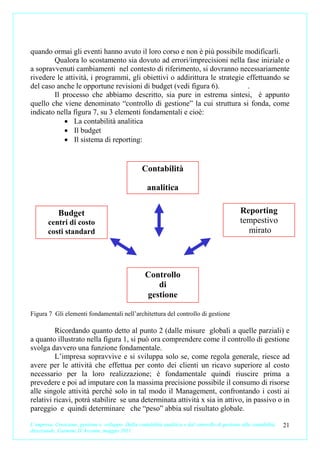 quando ormai gli eventi hanno avuto il loro corso e non è più possibile modificarli.
        Qualora lo scostamento sia dovuto ad errori/imprecisioni nella fase iniziale o
a sopravvenuti cambiamenti nel contesto di riferimento, si dovranno necessariamente
rivedere le attività, i programmi, gli obiettivi o addirittura le strategie effettuando se
del caso anche le opportune revisioni di budget (vedi figura 6).            .
        Il processo che abbiamo descritto, sia pure in estrema sintesi, è appunto
quello che viene denominato “controllo di gestione” la cui struttura si fonda, come
indicato nella figura 7, su 3 elementi fondamentali e cioè:
            • La contabilità analitica
            • Il budget
            • Il sistema di reporting:


                                                    Contabilità

                                                      analitica

             Budget                                                                               Reporting
        centri di costo                                                                           tempestivo
        costi standard                                                                              mirato




                                                     Controllo
                                                        di
                                                     gestione

Figura 7 Gli elementi fondamentali nell’architettura del controllo di gestione

         Ricordando quanto detto al punto 2 (dalle misure globali a quelle parziali) e
a quanto illustrato nella figura 1, si può ora comprendere come il controllo di gestione
svolga davvero una funzione fondamentale.
         L’impresa sopravvive e si sviluppa solo se, come regola generale, riesce ad
avere per le attività che effettua per conto dei clienti un ricavo superiore al costo
necessario per la loro realizzazione; è fondamentale quindi riuscire prima a
prevedere e poi ad imputare con la massima precisione possibile il consumo di risorse
alle singole attività perché solo in tal modo il Management, confrontando i costi ai
relativi ricavi, potrà stabilire se una determinata attività x sia in attivo, in passivo o in
pareggio e quindi determinare che “peso” abbia sul risultato globale.

L’impresa. Creazione, gestione e sviluppo. Dalla contabilità analitica e dal controllo di gestione alla contabilità   21
direzionale. Carmine D’Arconte, maggio 2011
 