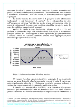 tantomeno in attivo in quanto deve ancora recuperare il passivo accumulato nel
periodo precedente, ma tuttavia da quel momento l’andamento del Ro inverte la rotta
e incomincia a risalire verso l’asse delle ascisse che incrocerà quando sarà raggiunto
il pareggio.
        La “punta” massima del passivo inoltre ci dà ipso facto un’altra informazione
fondamentale e cioè l’ammontare di capitale27 che è indispensabile investire
nell’impresa per realizzare l’attività; tale aspetto riveste un’importanza critica in
quanto è indispensabile formulare una previsione attendibile ex ante in modo da
avere disponibili per tempo i capitali necessari.
        Qualora le vendite seguano l’andamento classico del ciclo di vita del
prodotto, la curva del Ro, dopo aver intersecato l’asse delle ascisse al momento del
pareggio, continua poi a salire dapprima in modo esponenziale, poi, pur continuando
a crescere, subisce una “flessione, continua a crescere fino a raggiungere un picco
massimo dopo il quale inizia il declino.


                                                 Andamento cumulato del ro
                                              y = -3243,4x 3 + 108909x 2 - 820506x -
                                                              82846
                               2000000
     Valori cumulati del Ro




                               1500000
                               1000000
                                500000
                                     0                                                               Serie1
                               -500000   1   3    5   7    9 11 13 15 17 19 21 23                    Poli. (Serie1)
                              -1000000
                              -1500000
                              -2000000
                              -2500000
                                                           Mesi anno



                              Figura 17. Andamento sinusoidale del risultato operativo


        Ovviamente formulare previsioni attendibili è un compito di una complessità
enorme ma, come detto più volte, la complessità non può divenire il pretesto per
esimersi dal compito visto che ci riferiamo ad eventi che comunque andranno a
verificarsi e avranno un notevole impatto sulla redditività aziendale.
        Il modello aiuta a comprendere le difficoltà che si pongono al Management
che oltre a previsioni di vendita quanto più possibili accurate dovrà anche essere in
grado di tener conto dell’inevitabile sfasamento tra tempi di incasso di fatture attive e


27
  In realtà, a ben vedere, in tal modo si individua il valore negativo più basso del risultato operativo; il capitale sarà di
norma maggiore in quanto sarà dato dai saldi di cassa che per il naturale sfasamento temporale tra costi e ricavi a
sfavore di questi ultimi, di norma non potrà che peggiorare la situazione.
L’impresa. Creazione, gestione e sviluppo. Dalla contabilità analitica e dal controllo di gestione alla contabilità       52
direzionale. Carmine D’Arconte, maggio 2011
 