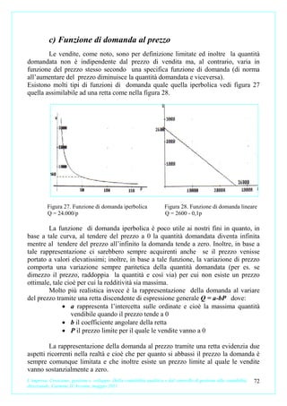 c) Funzione di domanda al prezzo
        Le vendite, come noto, sono per definizione limitate ed inoltre la quantità
domandata non è indipendente dal prezzo di vendita ma, al contrario, varia in
funzione del prezzo stesso secondo una specifica funzione di domanda (di norma
all’aumentare del prezzo diminuisce la quantità domandata e viceversa).
Esistono molti tipi di funzioni di domanda quale quella iperbolica vedi figura 27
quella assimilabile ad una retta come nella figura 28.




          Figura 27. Funzione di domanda iperbolica                     Figura 28. Funzione di domanda lineare
          Q = 24.000/p                                                  Q = 2600 - 0,1p

        La funzione di domanda iperbolica è poco utile ai nostri fini in quanto, in
base a tale curva, al tendere del prezzo a 0 la quantità domandata diventa infinita
mentre al tendere del prezzo all’infinito la domanda tende a zero. Inoltre, in base a
tale rappresentazione ci sarebbero sempre acquirenti anche se il prezzo venisse
portato a valori elevatissimi; inoltre, in base a tale funzione, la variazione di prezzo
comporta una variazione sempre paritetica della quantità domandata (per es. se
dimezzo il prezzo, raddoppia la quantità e così via) per cui non esiste un prezzo
ottimale, tale cioè per cui la redditività sia massima.
        Molto più realistica invece è la rappresentazione della domanda al variare
del prezzo tramite una retta discendente di espressione generale Q = a-bP dove:
              • a rappresenta l’intercetta sulle ordinate e cioè la massima quantità
                 vendibile quando il prezzo tende a 0
              • b il coefficiente angolare della retta
              • P il prezzo limite per il quale le vendite vanno a 0

         La rappresentazione della domanda al prezzo tramite una retta evidenzia due
aspetti ricorrenti nella realtà e cioè che per quanto si abbassi il prezzo la domanda è
sempre comunque limitata e che inoltre esiste un prezzo limite al quale le vendite
vanno sostanzialmente a zero.
L’impresa. Creazione, gestione e sviluppo. Dalla contabilità analitica e dal controllo di gestione alla contabilità   72
direzionale. Carmine D’Arconte, maggio 2011
 