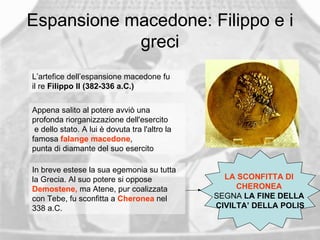 Espansione macedone: Filippo e i greci L’artefice dell’espansione macedone fu il re  Filippo II (382-336 a.C.) Appena salito al potere avviò una profonda riorganizzazione dell'esercito  e dello stato. A lui è dovuta tra l'altro la famosa  falange macedone ,  punta di diamante del suo esercito  In breve estese la sua egemonia su tutta la Grecia. Al suo potere si oppose  Demostene,  ma Atene, pur coalizzata con Tebe, fu sconfitta a  Cheronea  nel 338 a.C.   LA SCONFITTA DI  CHERONEA   SEGNA  LA FINE DELLA  CIVILTA’ DELLA POLIS 