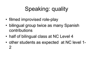 Speaking: quality
• filmed improvised role-play
• bilingual group twice as many Spanish
  contributions
• half of bilingual class at NC Level 4
• other students as expected at NC level 1-
  2
 