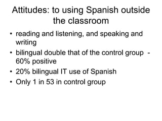 Attitudes: to using Spanish outside
           the classroom
• reading and listening, and speaking and
  writing
• bilingual double that of the control group -
  60% positive
• 20% bilingual IT use of Spanish
• Only 1 in 53 in control group
 