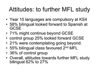 Attitudes: to further MFL study
• Year 10 languages are compulsory at KS4
• 58% bilingual looked forward to Spanish at
  GCSE
• 71% might continue beyond GCSE
• control group 25% looked forward GCSE
• 21% were contemplating going beyond.
• 55% bilingual class favoured 2nd MFL
• 36% of control group
• Overall, attitudes towards further MFL study
  bilingual 62% to 27%
 