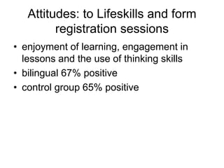 Attitudes: to Lifeskills and form
         registration sessions
• enjoyment of learning, engagement in
  lessons and the use of thinking skills
• bilingual 67% positive
• control group 65% positive
 