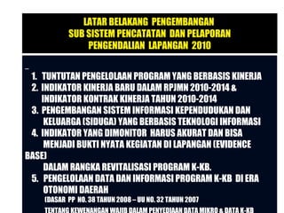 LATAR BELAKANG PENGEMBANGAN
           SUB SISTEM PENCATATAN DAN PELAPORAN
               PENGENDALIAN LAPANGAN 2010


 1. TUNTUTAN PENGELOLAAN PROGRAM YANG BERBASIS KINERJA
 2. INDIKATOR KINERJA BARU DALAM RPJMN 2010-2014 &
    INDIKATOR KONTRAK KINERJA TAHUN 2010-2014
 3. PENGEMBANGAN SISTEM INFORMASI KEPENDUDUKAN DAN
     KELUARGA (SIDUGA) YANG BERBASIS TEKNOLOGI INFORMASI
 4. INDIKATOR YANG DIMONITOR HARUS AKURAT DAN BISA
     MENJADI BUKTI NYATA KEGIATAN DI LAPANGAN (EVIDENCE
BASE)
     DALAM RANGKA REVITALISASI PROGRAM K-KB.
 5. PENGELOLAAN DATA DAN INFORMASI PROGRAM K-KB DI ERA
     OTONOMI DAERAH
    (DASAR PP NO. 38 TAHUN 2008 – UU NO. 32 TAHUN 2007     10
 