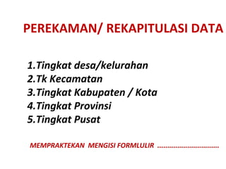 PEREKAMAN/ REKAPITULASI DATA

1.Tingkat desa/kelurahan
2.Tk Kecamatan
3.Tingkat Kabupaten / Kota
4.Tingkat Provinsi
5.Tingkat Pusat

MEMPRAKTEKAN MENGISI FORMLULIR ...............................
 