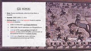 Gli Hittiti
• Dove: Russia meridionale, attorno al mar Nero, e
Anatolia
• Quando: 2000-1200 a. C. circa
• Chi/cosa fece: 1680: il re Hattushili fonda la capitale
Hattusha in Anatolia.
1. 1530: il re Murshili I saccheggia Babilonia
2. 1380-1346: fase di splendore con Shuppiluliuma
3. 1284 (o 1275): contro gli Egizi battaglia di
Qadesh, in Siria, centro di traffici commerciali. Le
due potenze firmano un trattato di pace.
4. 1200 c.ca: «Popoli del mare» dell’area
mesopotamica annientano gli Hittiti.
 