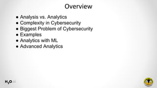 Overview
● Analysis vs. Analytics
● Complexity in Cybersecurity
● Biggest Problem of Cybersecurity
● Examples
● Analytics with ML
● Advanced Analytics
 