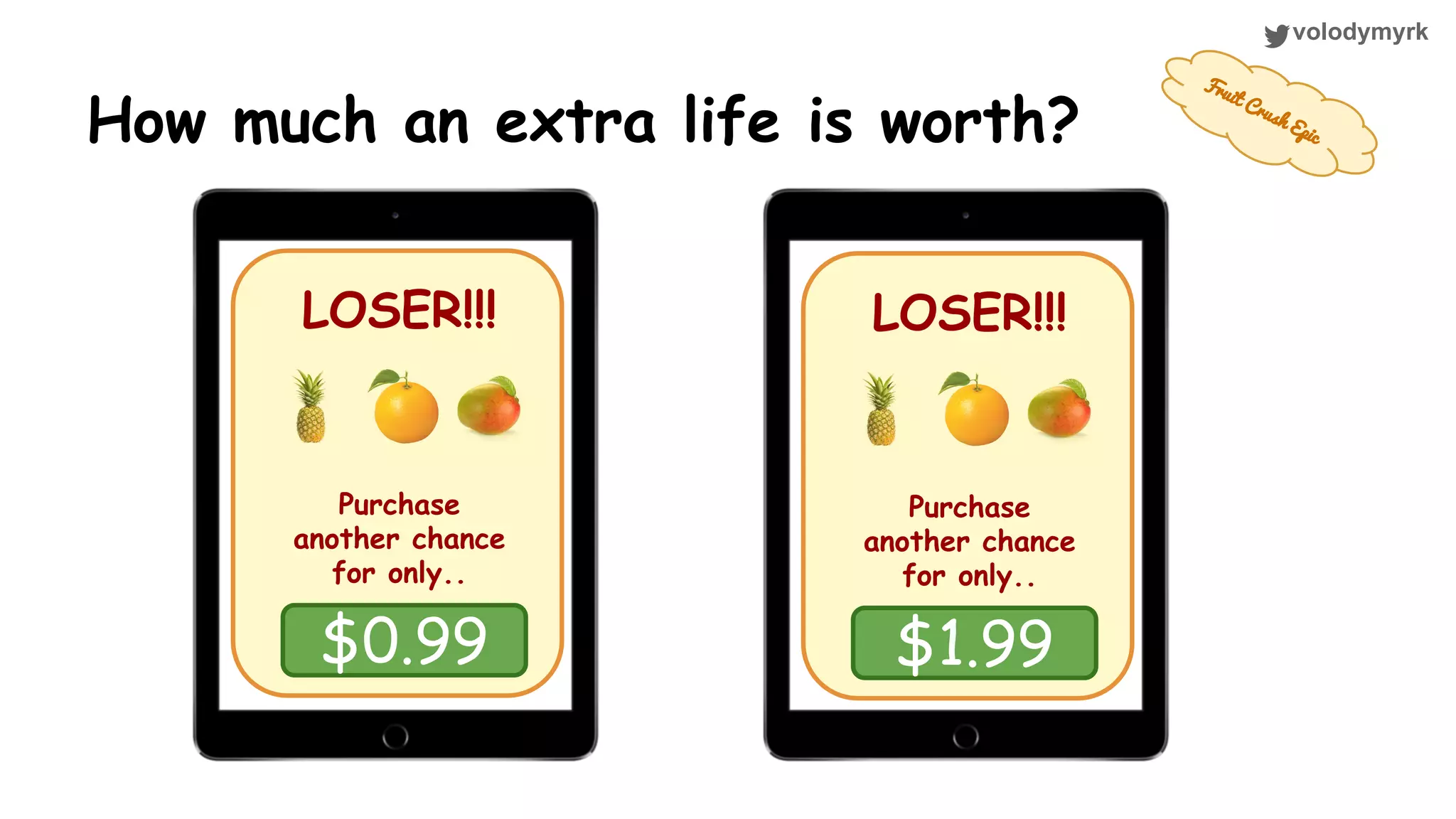 volodymyrk How much an extra life is worth? LOSER!!! Purchase another chance for only.. $0.99 LOSER!!! Purchase another chance for only.. $1.99 Fruit Crush Epic 