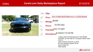 Title:
Price:
Mileage:
Phone:
Post Date:
Descriptions:
Carstir.com Daily Marketplace ReportDallas 8/14/2016
2011 FORD MUSTANG V6 3.7 LITER $9,900
$9,900
53,700 miles
(147) 117-2427
8/13/2016 7:51:00 PM
i selling a 2011 Ford Mustang v6 3.7 liter $9,900,
autoamtic, 53,700 miles on it, cd player, leather seats,
rims 19 ,
power windows and locks, ac work.
for more questions please call me
show contact info
hablo espaol
 